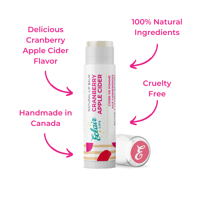 Lip balm tube with Cranberry Apple Cider label.