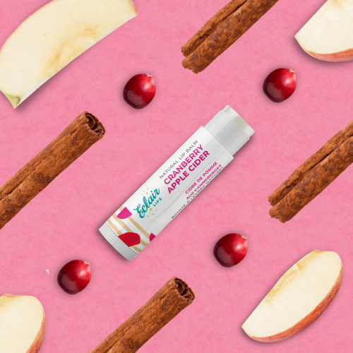 Cranberry Apple Cider lip balm with cinnamon sticks and apple slices