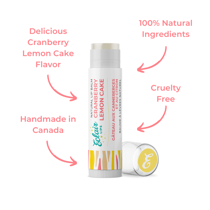 Lip balm tube with Cranberry Lemon Cake label.