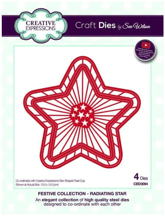 Creative Expressions - Dies - Festive Collection - Radiating Star. Craft Dies by Sue Wilson are an elegant collection of high quality steel designs designed to co-ordinate with each other. Size approx. 4.75" x 4.75". Available at Embellish Away located in Bowmanville Ontario Canada.