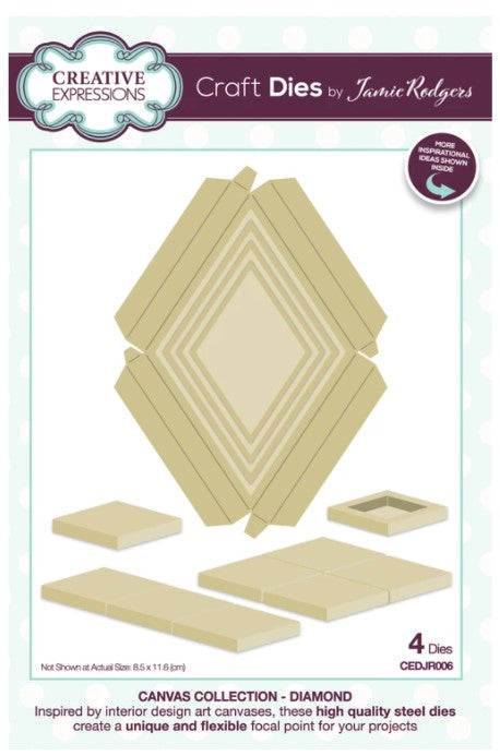 amie Rodgers Canvas Collection Diamond die set to create easy to build canvas and frame effects on your projects.  They are easy to construct and incredibly versatile, simply fold on the score lines and glue to create focal points for your projects. Includes 4 dies. Size: 4.6" x 3.4". Available at embellishaway.ca in Bowmanville Ontario Canada.