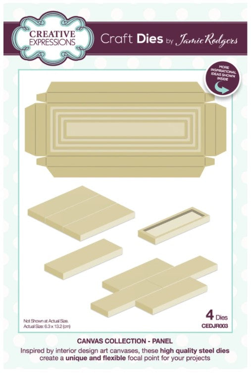 Creative Expressions - Jamie Rodgers Canvas Collection - Panel. Use the Creative Expressions Jamie Rodgers Canvas Collection Panel die set to create easy to build canvas and frame effects on your projects. They are easy to construct and incredibly versatile, simply fold on the score lines and glue to create focal points for your projects. Includes 4 dies. Size: 2.5" x 5.2". Available at embellishaway.ca in Bowmanville Ontario Canada.