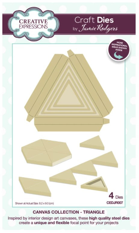 Creative Expressions - Jamie Rodgers Canvas Collection - Triangle. Use the Creative Expressions Jamie Rodgers Canvas Collection Triangle die set to create easy to build canvas and frame effects on your projects. They are easy to construct and incredibly versatile, simply fold on the score lines and glue to create focal points for your projects. Includes 4 dies. Size: 3.5" x 3.2". Available at embellishaway.ca in Bowmanville Ontario Canada.