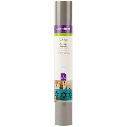 Cricut - Everyday Iron-On Vinyl 12"X48" Roll - Gray. Only from Cricut®. Everyday Iron-On™ with StrongBond™ Guarantee outlasts 50+ washes* and is compatible with a huge breadth of base materials, including wood! Use your Cricut machine to cut complex designs and you'll weed with ease for a flawless application. Available at Embellish Away located in Bowmanville Ontario Canada.