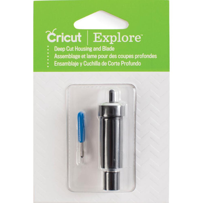 CRICUT-Explore Deep Cut Housing & Blade. The housing and blade combine for precise cutting of thick materials such as poster board, heavy cardstock and specialty papers! Depress plunger to remove blade. For use with the Cricut Explore machines only (sold separately). This package contains one 2-1/4 inch deep cut housing and one 1-1/8 inch blade. Imported. Available at Embellish Away located in Bowmanville Ontario Canada.
