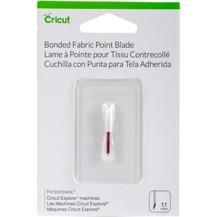 Cricut - Maker Bonded Fabric Point Blade. The bonded-fabric cutting blade is made from premium German carbide steel. For the longest life, use for cutting bonded fabric or fabric with an iron-on backer. For use with Cricut Explore machines (sold separately). This package contains one 1.1mm bonded fabric point blade. Imported. Available at Embellish Away located in Bowmanville Ontario Canada.