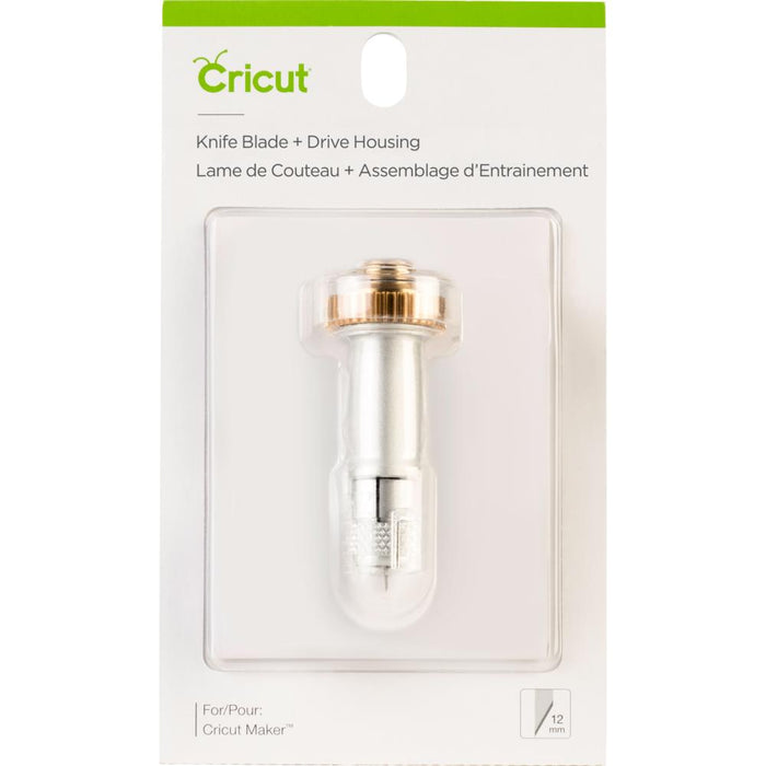 Cricut - Maker Knife Housing & Blade. This durable blade was specially designed to cut thicker, dense materials like balsa wood, chipboard, leather, and craft form for sturdier projects. Create detailed cuts with ease and precision! This 3x5.25 inch package contains one knife blade and drive housing.  Available at Embellish Away located in Bowmanville Ontario Canada.