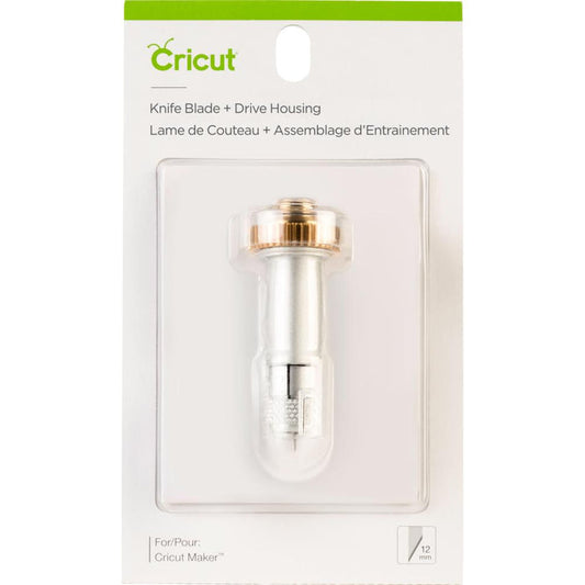 Cricut - Maker Knife Housing & Blade. This durable blade was specially designed to cut thicker, dense materials like balsa wood, chipboard, leather, and craft form for sturdier projects. Create detailed cuts with ease and precision! This 3x5.25 inch package contains one knife blade and drive housing.  Available at Embellish Away located in Bowmanville Ontario Canada.
