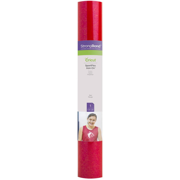 Cricut - Sportflex Iron-On Vinyl 11.8"X24" Roll - Red. Outlasts 50+ washes!* Made specifically for polyester and nylon activewear, this flexible, stretchable iron-on material with StrongBond™ Guarantee* bends and moves with the body and keeps uniforms and team gear lightweight. Available at Embellish Away located in Bowmanville Ontario Canada.