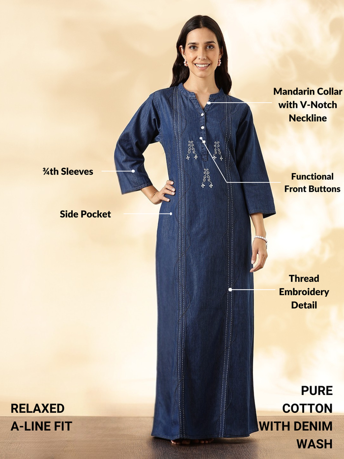 Deep Blue Denim Feel Cotton Nighty For Women with Embroidery and Pocket