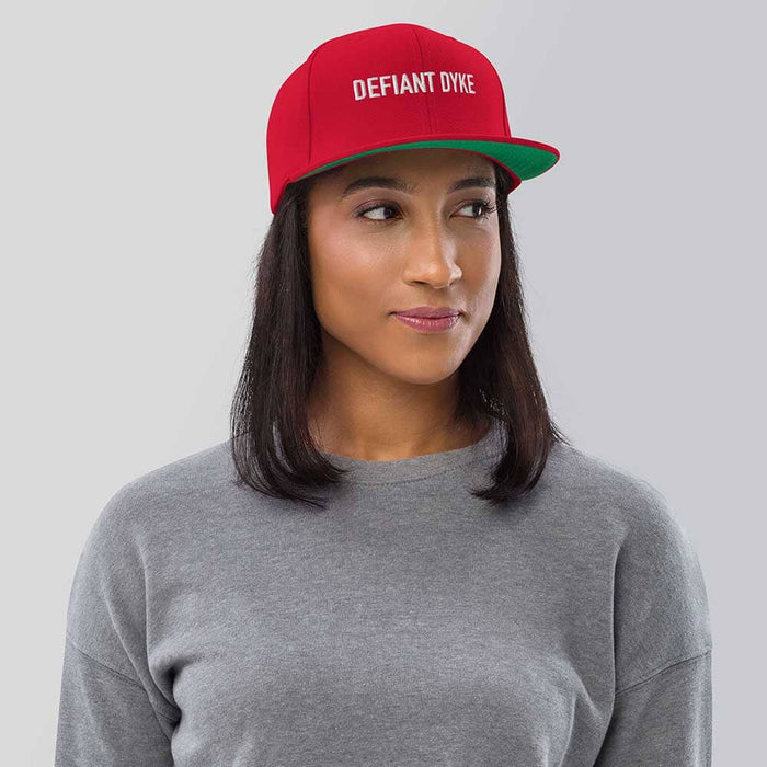 DEFIANT DYKE Flatbill 6-Panel Snapback Hat red on woman