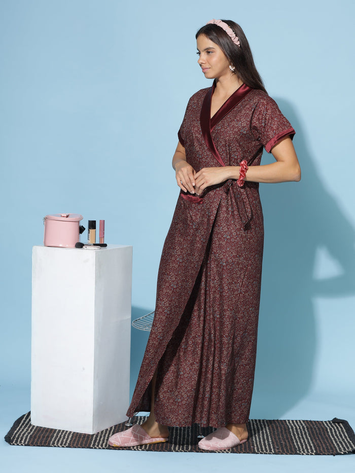 Classy Maroon Viscose Blend Housecoat for Women