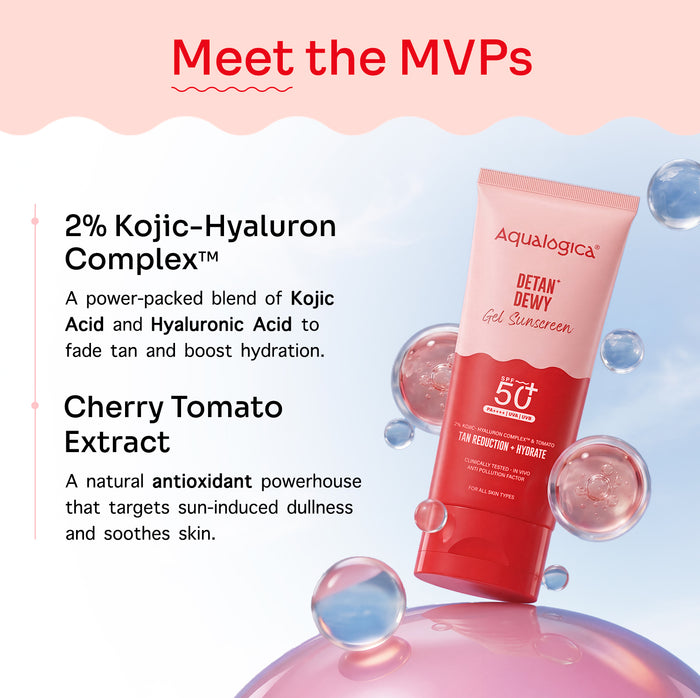 Detan+ Dewy Gel Sunscreen SPF 50+ PA++++ with 2% Kojic-Hyaluron Complex™ & Wild Berries - 80g