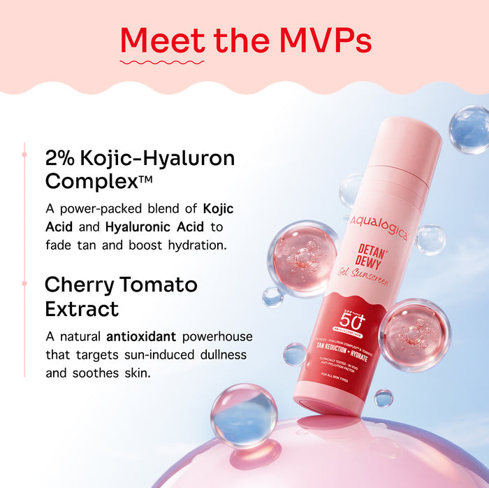 Detan+ Dewy Gel Sunscreen SPF 50+ PA++++ with 2% Kojic-Hyaluron Complex™ & Wild Berries - 50 g