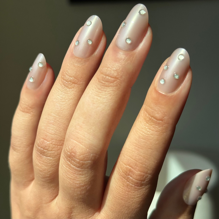 Diamond Chrome Mani - Press-On | Medium | Oval with neutral chrome polish and raised puffy 3D diamond accents manicure