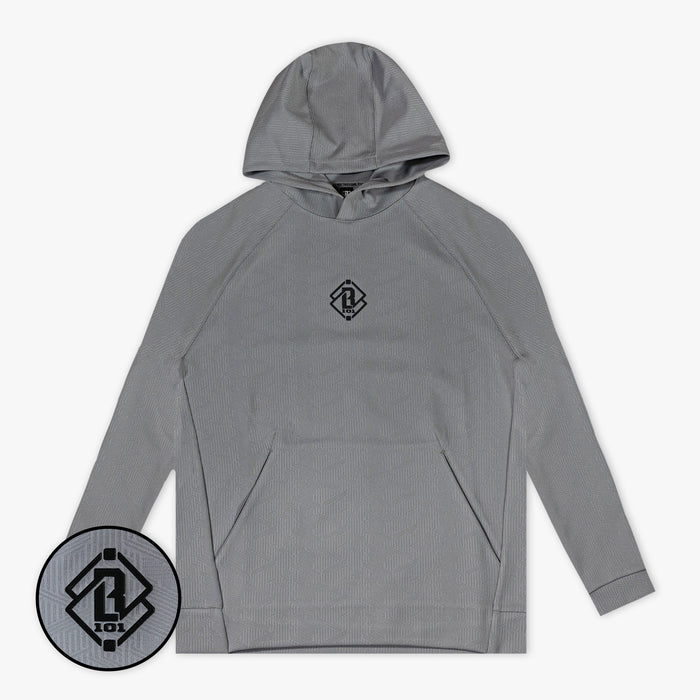 Adult model wearing gray Diamond Tech Jacquard hoodie