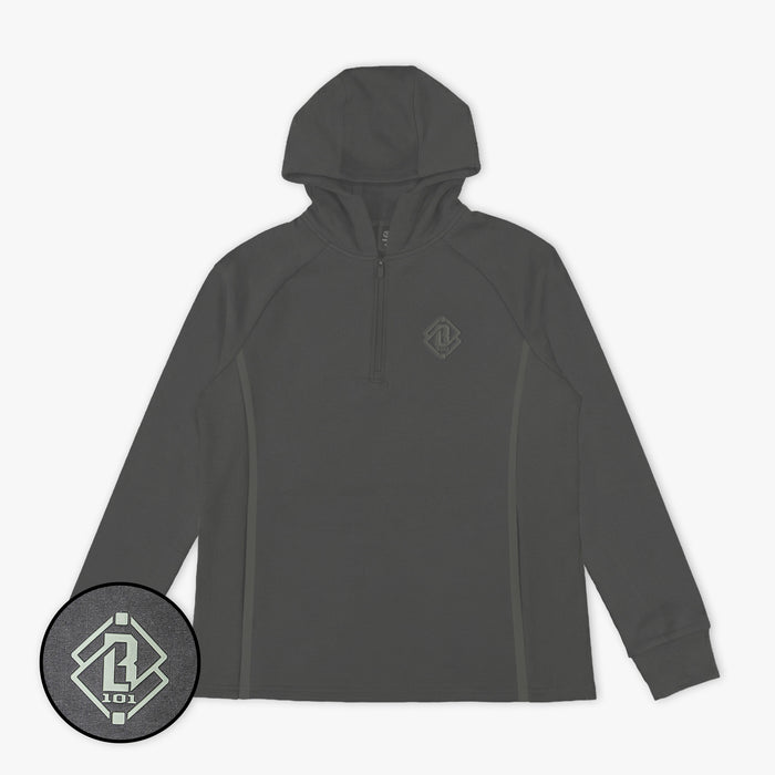 Adult model wearing gray Diamond Tech Knit Zip Charcoal hoodie