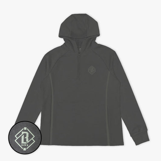 Adult model wearing gray Diamond Tech Knit Zip Charcoal hoodie