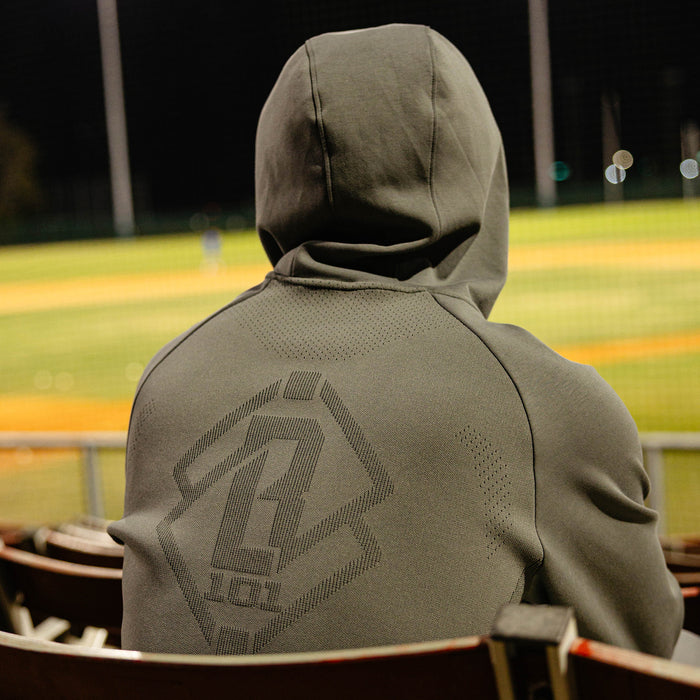 Adult model wearing gray Diamond Tech Knit Zip Charcoal hoodie