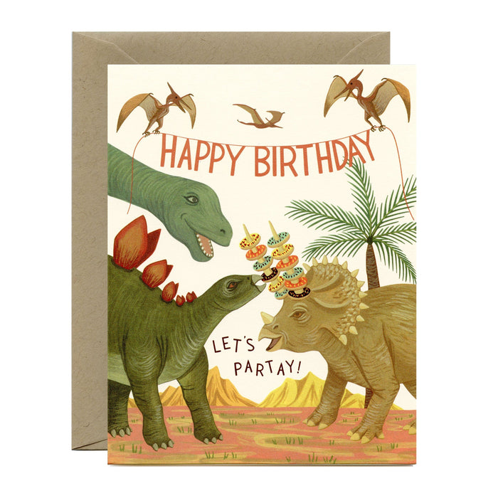 Dinosaur birthday greeting card, green and yellow dinos with 'Happy Birthday'.