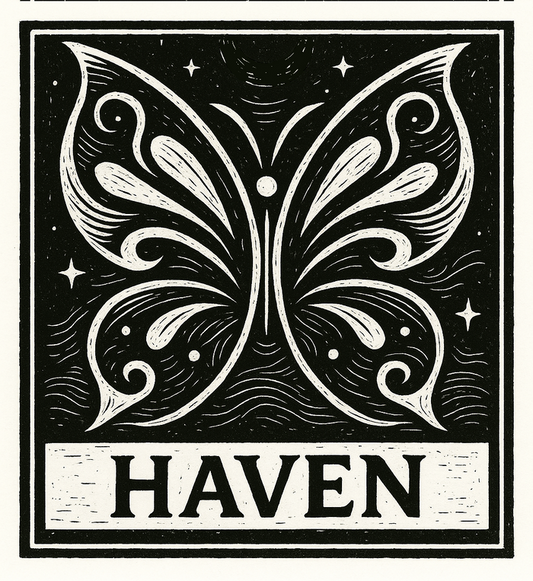 Butterfly design with 'HAVEN' text on a black background