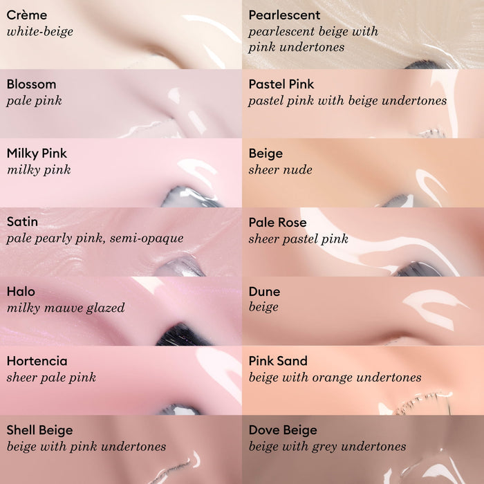 A chart displays 12 nude and sheer nail polish swatches with names and descriptions, featuring shades such as Beige by Manucurist, Crème, Blossom, Satin, Hortencia, Pink Sand, Dove Beige, Pearlescent, Pastel Pink, Pale Rose, Dune, and Shell Beige.