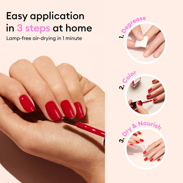 A hand with Pink Sorbet Jelly by Manucurist is shown. Steps: 1. Degrease nails, 2. Apply translucent pink polish, 3. Dry and nourish. Text: “Easy 3-step home application—no lamp needed, air-dries in just 1 minute.”.