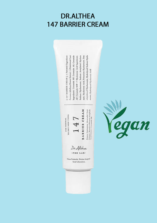 Image of DR. ALTHEA 147 Barrier Cream packaging, which is a white tube with product information and a 'Vegan' logo.