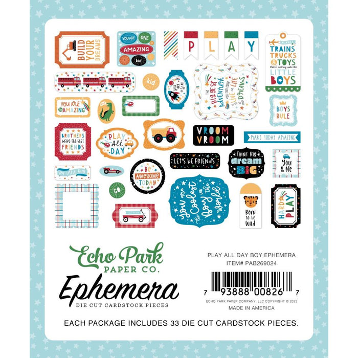 Echo Park - Cardstock Ephemera - 33/Pkg - Icons - Play All Day Boy. Available at Embellish Away located in Bowmanville Ontario Canada.