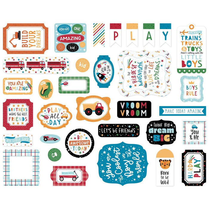 Echo Park - Cardstock Ephemera - 33/Pkg - Icons - Play All Day Boy. Available at Embellish Away located in Bowmanville Ontario Canada.
