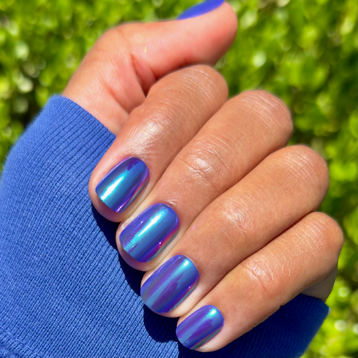 Electric Blue Iridescent Chrome - Press-On | Extra Short | Squoval shimmering vivid blue false nails for easy at-home mani