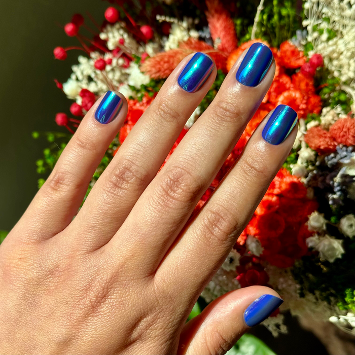 Electric Blue Iridescent Chrome - Press-On | Extra Short | Squoval vivid blue chrome false nails for easy at-home manicure