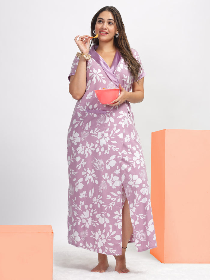 Housecoat nighty for women in leaf purple poly viscose