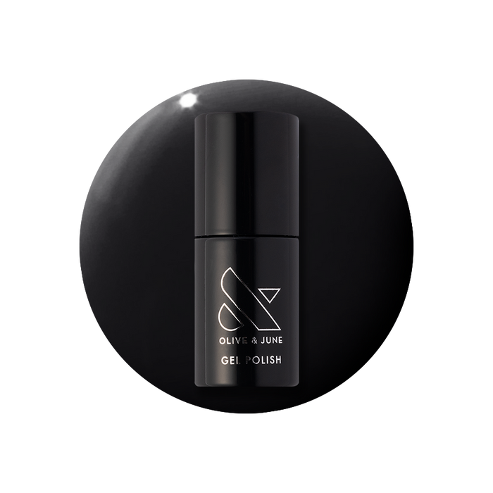 E+M - Gel black polish bottle on a matching deep black gel polish drop for a sleek manicure by Olive and June