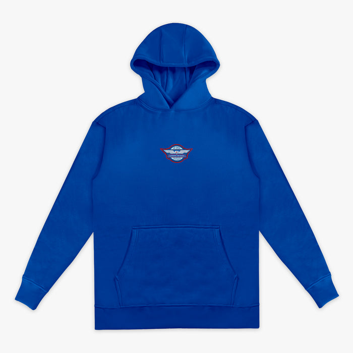 Royal blue youth pullover hoodie with Air Show National Air Races Division badge in red white and blue on center chest and kangaroo pocket on white background