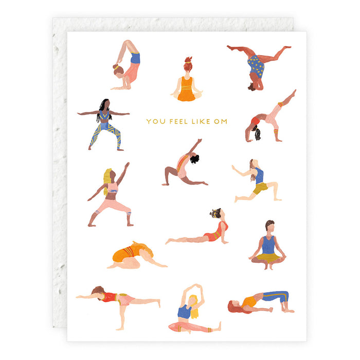 Friendship card with yoga pose illustrations and orange text reading “YOU FEEL LIKE OM”