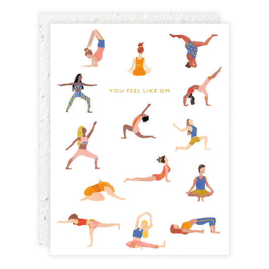 Friendship card with yoga pose illustrations and orange text reading “YOU FEEL LIKE OM”
