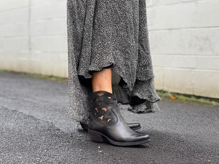 Subtle western ankle boot. European handmade in Portugal with quality leather. Laser cut design stacked heel. Comfortable women's boots.