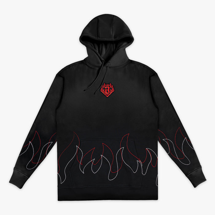 Front view of black pullover hoodie with BL101 flame crest embroidery on chest and red and white stitched flame outlines along the hem and sleeves