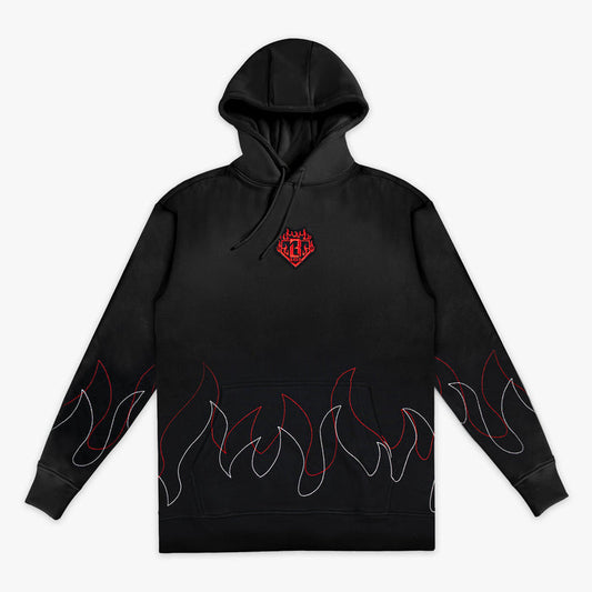 Front view of black pullover hoodie with BL101 flame crest embroidery on chest and red and white stitched flame outlines along the hem and sleeves