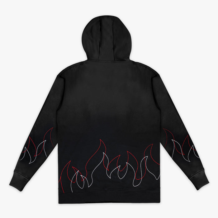 Back view of black pullover hoodie with red and white stitched flame outlines along the hem and sleeves