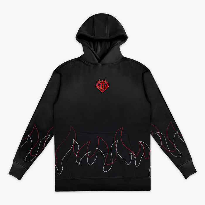 Front view of black pullover hoodie with BL101 flame crest embroidery on chest and red and white stitched flame outlines along the hem and sleeves