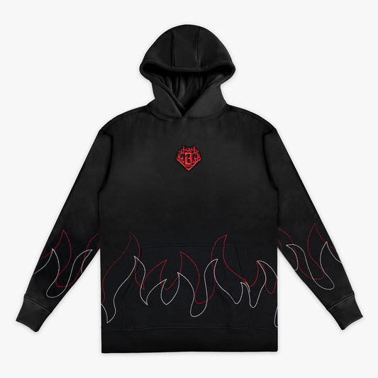 Front view of black pullover hoodie with BL101 flame crest embroidery on chest and red and white stitched flame outlines along the hem and sleeves