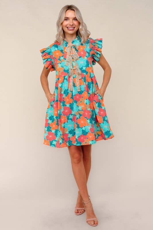 Floral Chiffon Dress W/ Ruffle Short Sleeves