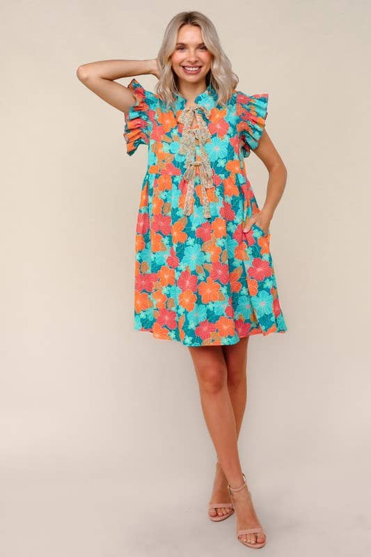 Floral Chiffon Dress W/ Ruffle Short Sleeves