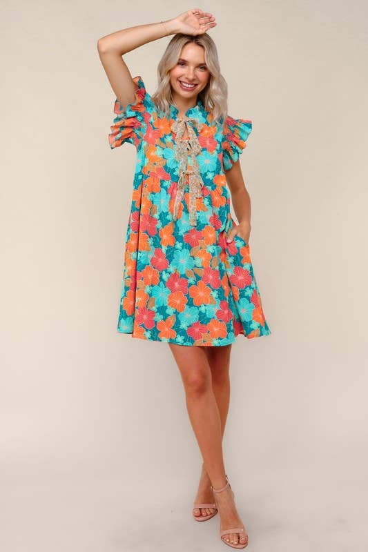 Floral Chiffon Dress W/ Ruffle Short Sleeves