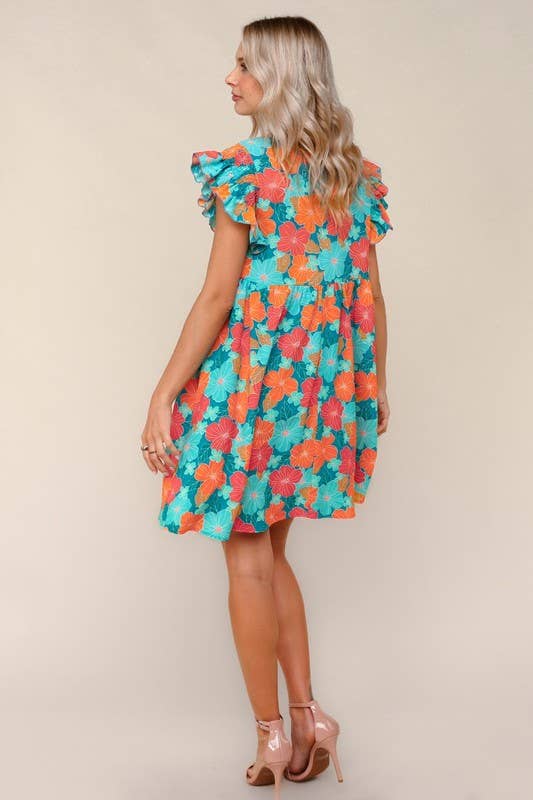 Floral Chiffon Dress W/ Ruffle Short Sleeves