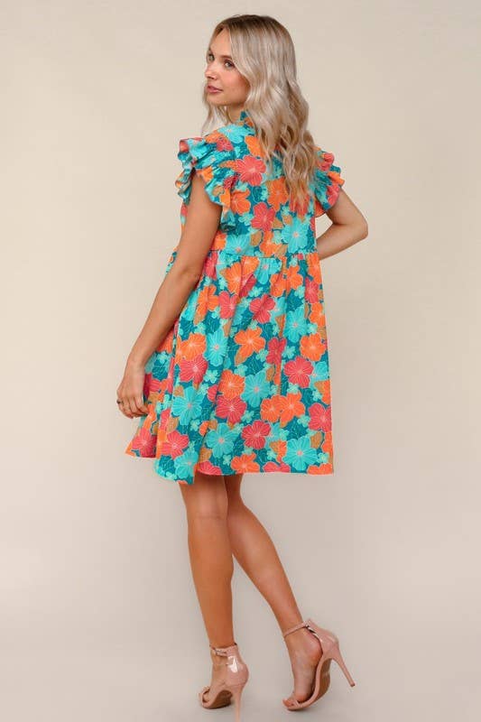 Floral Chiffon Dress W/ Ruffle Short Sleeves