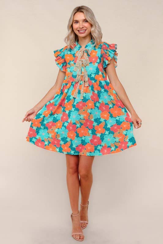 Floral Chiffon Dress W/ Ruffle Short Sleeves