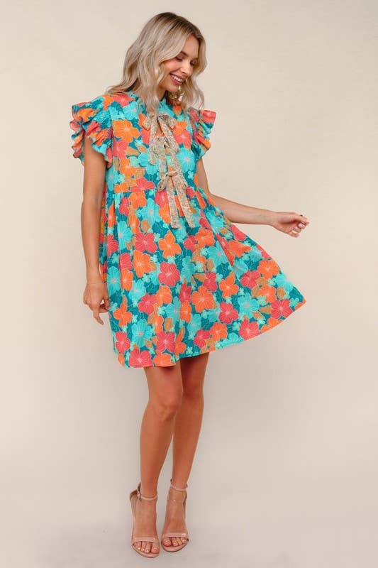 Floral Chiffon Dress W/ Ruffle Short Sleeves